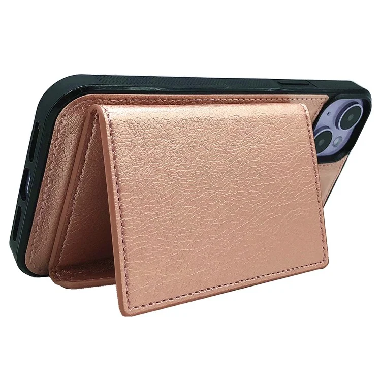For iPhone 15 Case Leather Phone Back Cover Detachable Card Holder Kickstand - Rose Gold