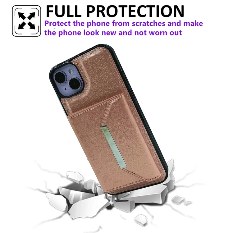 For iPhone 15 Case Leather Phone Back Cover Detachable Card Holder Kickstand - Rose Gold