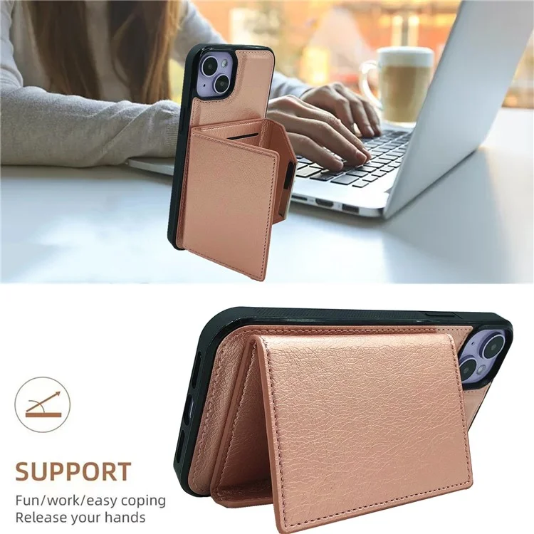 For iPhone 15 Case Leather Phone Back Cover Detachable Card Holder Kickstand - Rose Gold
