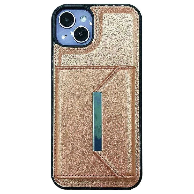 For iPhone 15 Case Leather Phone Back Cover Detachable Card Holder Kickstand - Rose Gold