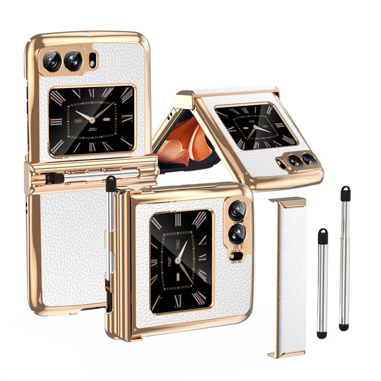 For Motorola Moto Razr 2022 5G Shockproof Case Electroplating Phone Cover PU Leather + PC Phone Case with Pen - White