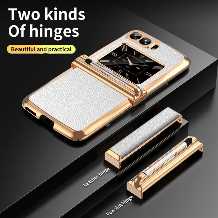 For Motorola Moto Razr 2022 5G Shockproof Case Electroplating Phone Cover PU Leather + PC Phone Case with Pen - White