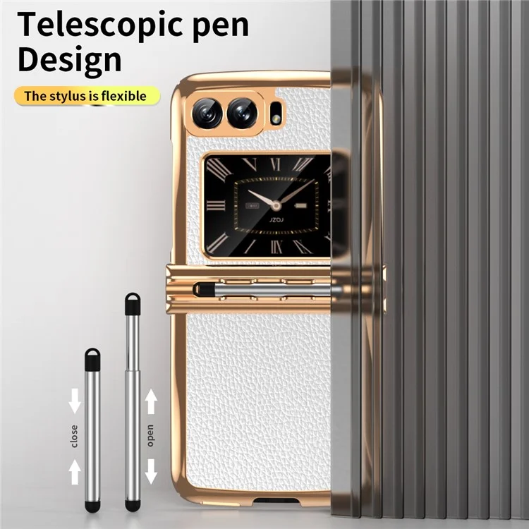 For Motorola Moto Razr 2022 5G Shockproof Case Electroplating Phone Cover PU Leather + PC Phone Case with Pen - White