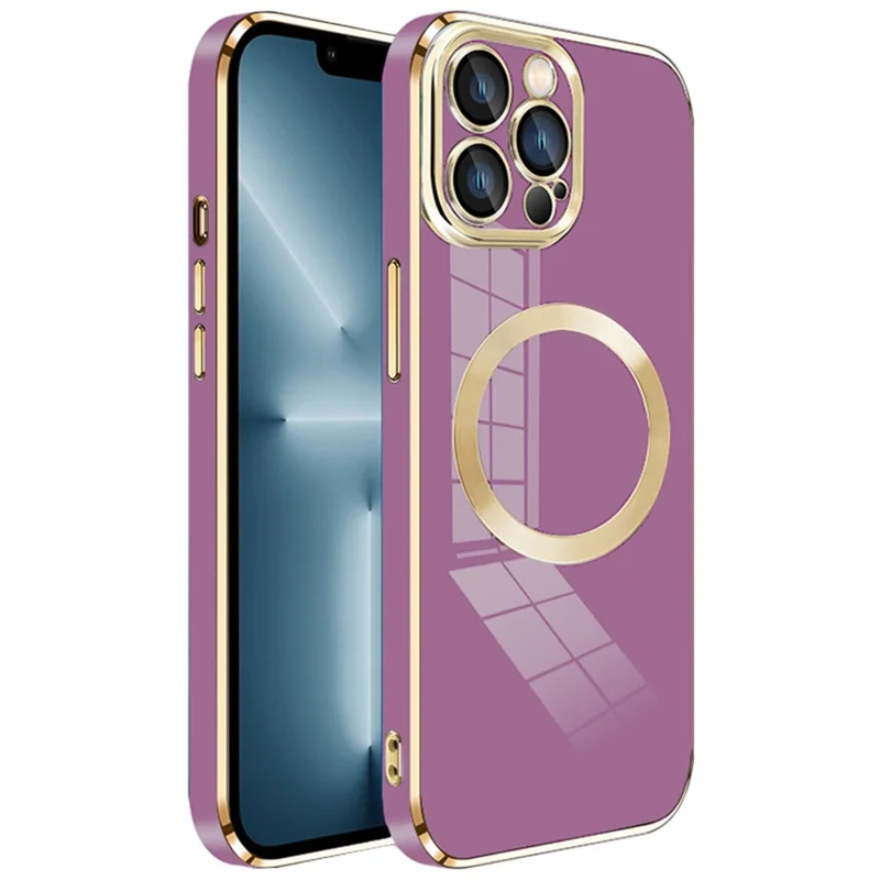 For iPhone 13 Pro Max Magnetic Phone Case Electroplating TPU Cover with Lens Film - Purple