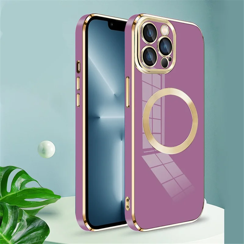 For iPhone 13 Pro Max Magnetic Phone Case Electroplating TPU Cover with Lens Film - Purple