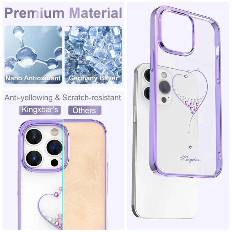 KINGXBAR For iPhone 14 Pro Shockproof Case Electroplating Phone Cover Anti-Fall PC Phone Case with Crystal Decoration - Purple