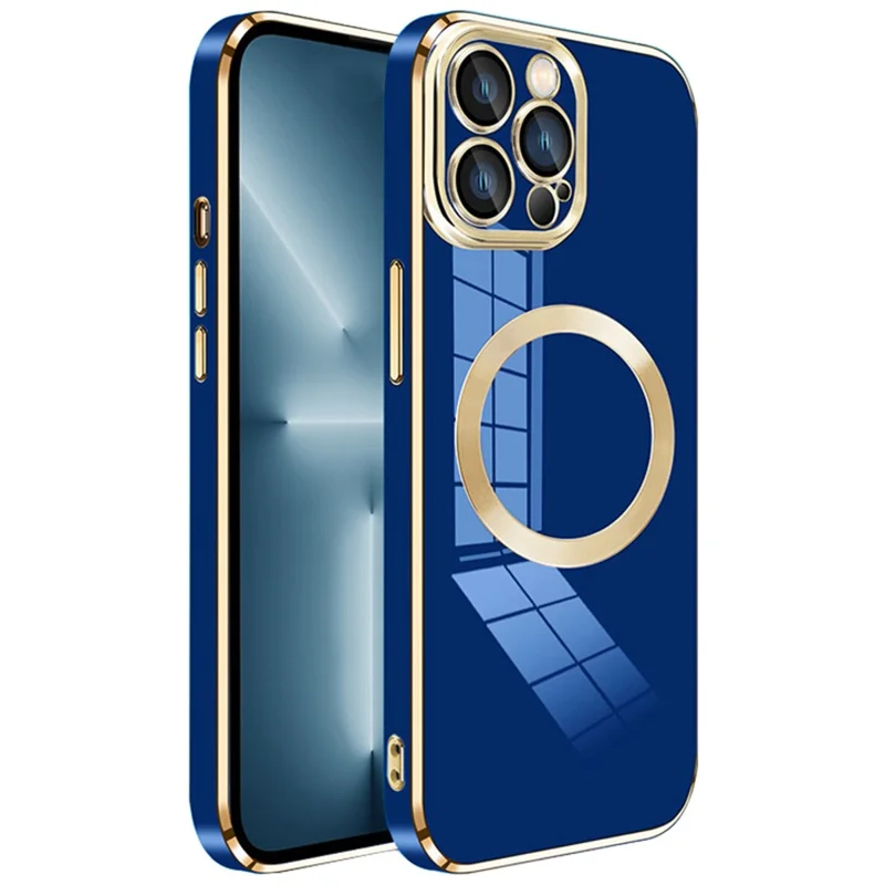 For iPhone 14 Pro Max Case Compatible with MagSafe Lens Film Electroplating TPU Cover - Navy Blue