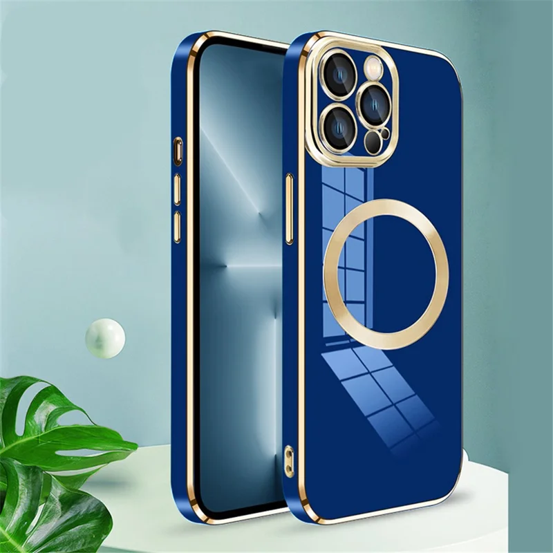 For iPhone 14 Pro Max Case Compatible with MagSafe Lens Film Electroplating TPU Cover - Navy Blue