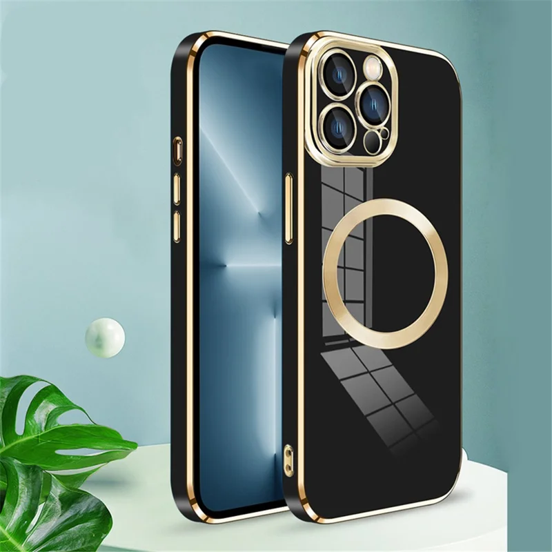 For iPhone 14 Pro Max Case Compatible with MagSafe Lens Film Electroplating TPU Cover - Black