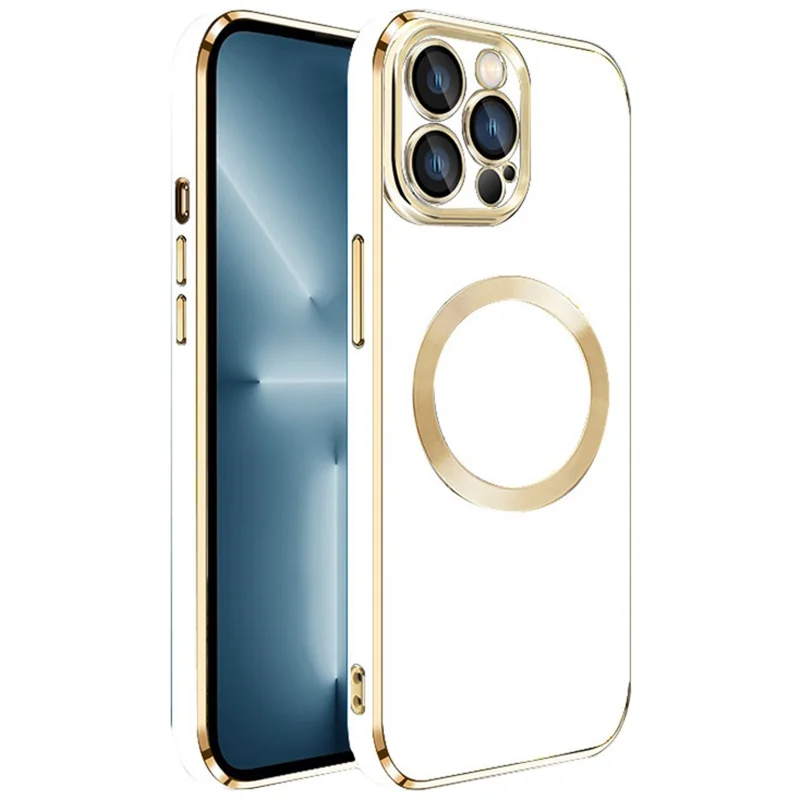For iPhone 15 Pro Max TPU Case Electroplating Magnetic Phone Cover with Lens Protector - White