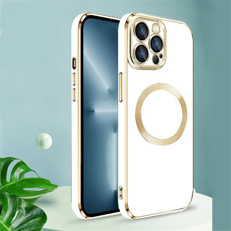For iPhone 15 Pro Max TPU Case Electroplating Magnetic Phone Cover with Lens Protector - White