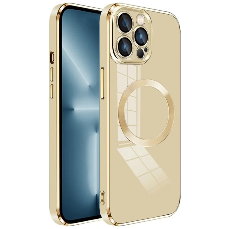For iPhone 15 Pro Max TPU Case Electroplating Magnetic Phone Cover with Lens Protector - Gold