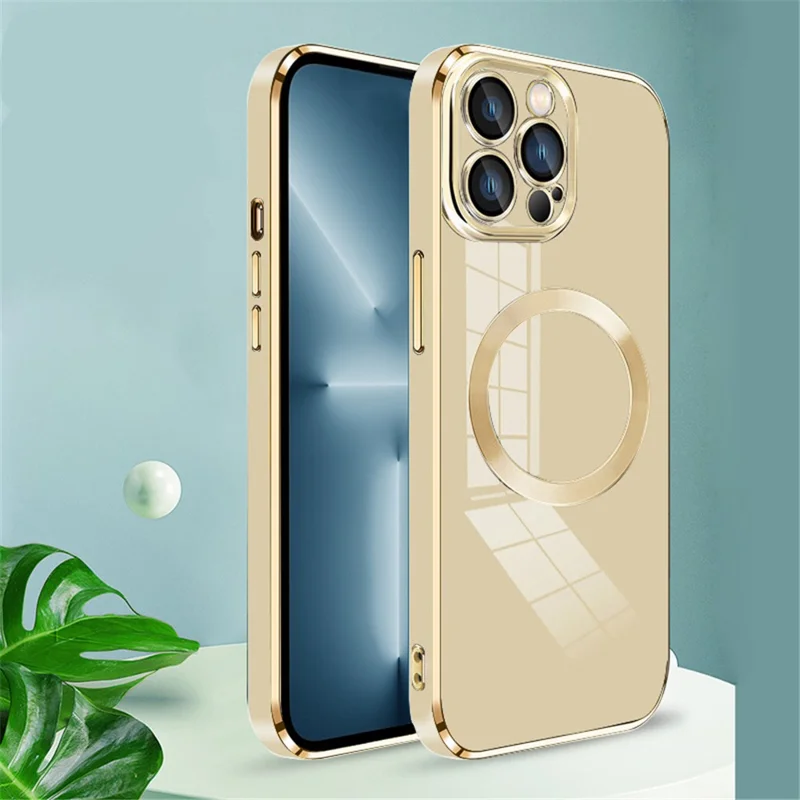 For iPhone 15 Pro Max TPU Case Electroplating Magnetic Phone Cover with Lens Protector - Gold