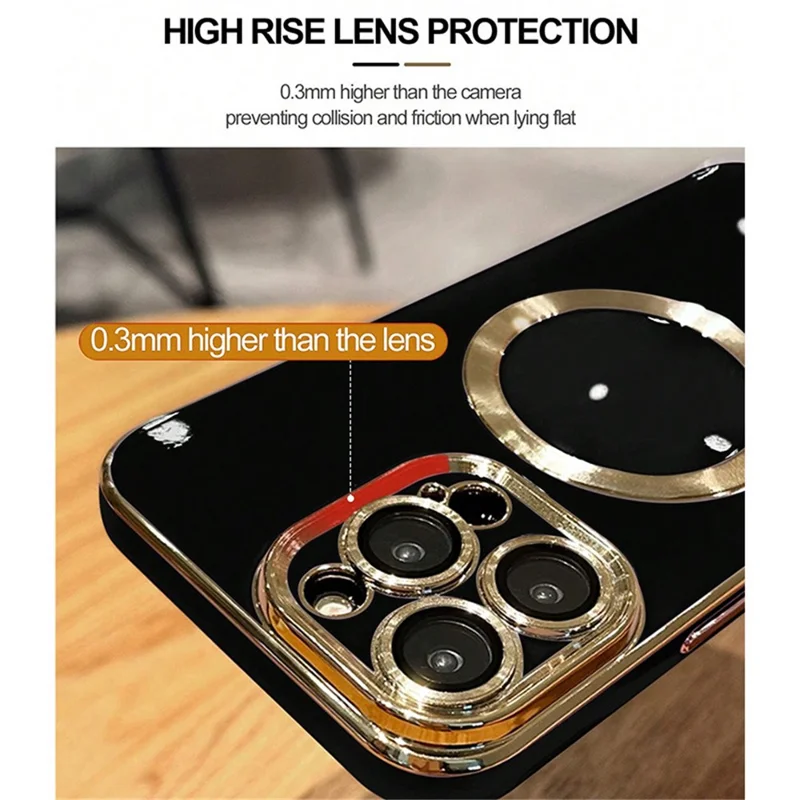 For iPhone 15 Pro Max TPU Case Electroplating Magnetic Phone Cover with Lens Protector - Gold