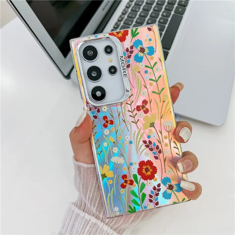 Para Samsung Galaxy S22 Ultra 5G Slim Case Funda con Patrón de Flores Efecto Láser Chapado - AH6