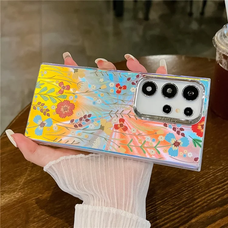 Para Samsung Galaxy S22 Ultra 5G Slim Case Funda con Patrón de Flores Efecto Láser Chapado - AH6