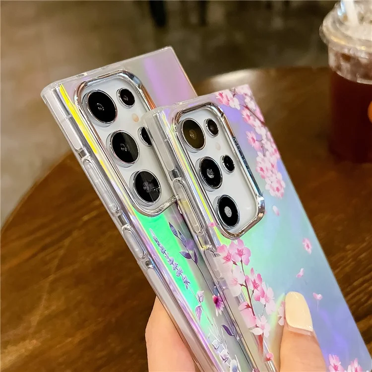 Para Samsung Galaxy S22 Ultra 5G Slim Case Funda con Patrón de Flores Efecto Láser Chapado - AH6