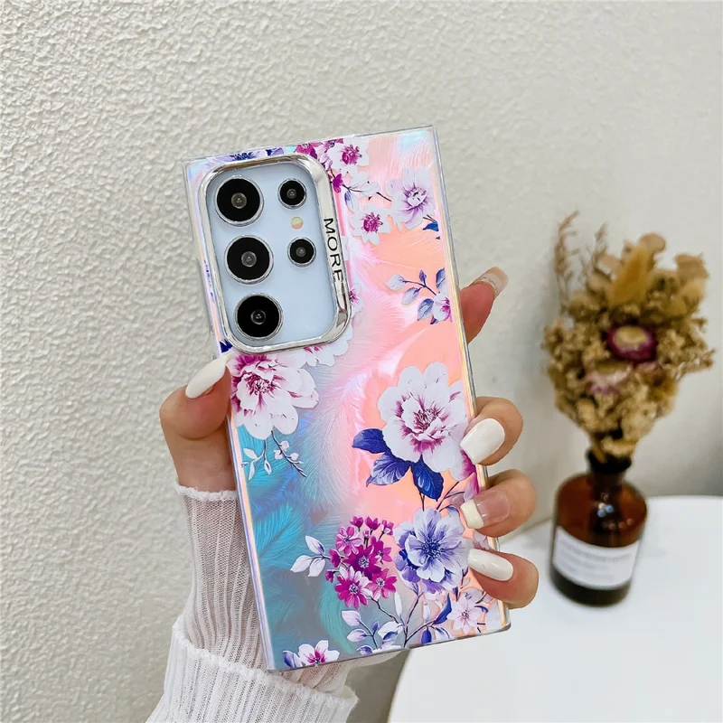 For Samsung Galaxy S22 Ultra 5G Slim Case Flower Pattern Electroplated Laser Effect Phone Cover - AH11