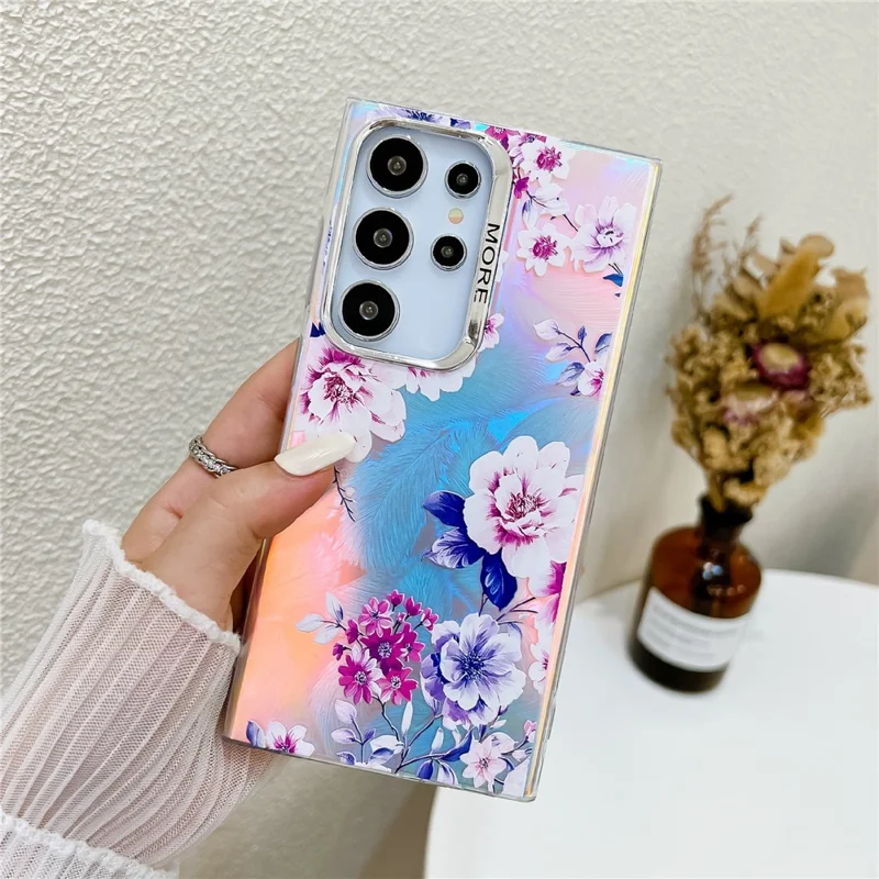For Samsung Galaxy S22 Ultra 5G Slim Case Flower Pattern Electroplated Laser Effect Phone Cover - AH11