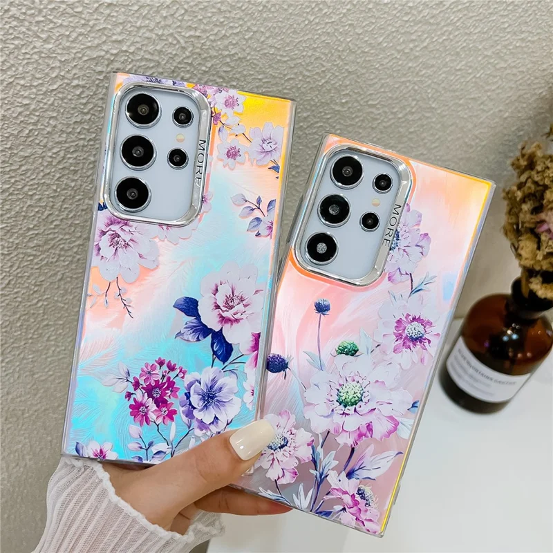 For Samsung Galaxy S22 Ultra 5G Slim Case Flower Pattern Electroplated Laser Effect Phone Cover - AH11