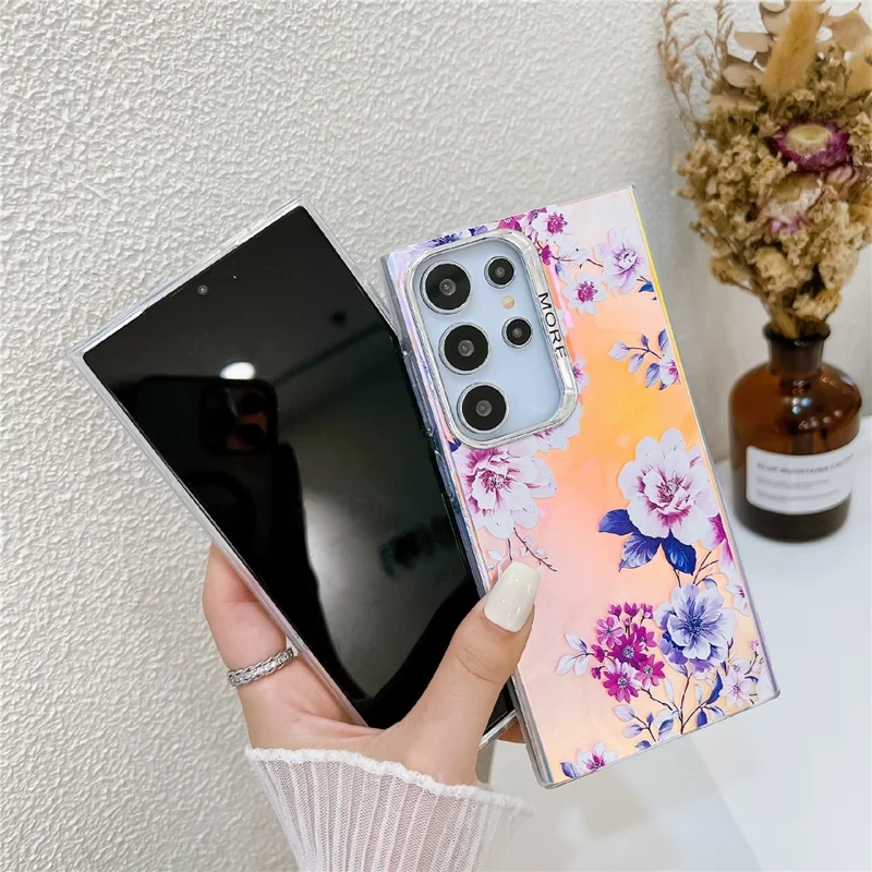 For Samsung Galaxy S22 Ultra 5G Slim Case Flower Pattern Electroplated Laser Effect Phone Cover - AH11