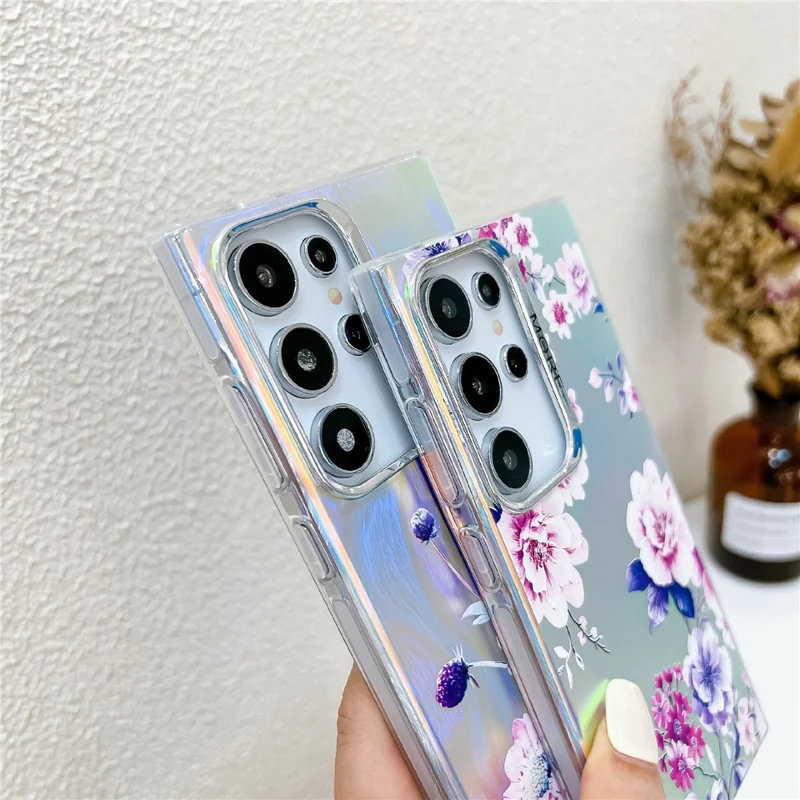 For Samsung Galaxy S22 Ultra 5G Slim Case Flower Pattern Electroplated Laser Effect Phone Cover - AH11