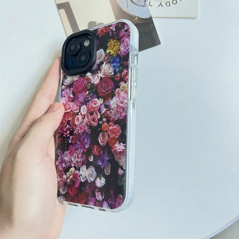 For iPhone 14 Cell Phone Case Colorful Pattern Shockproof Hard Acrylic Cover - Rose Garden