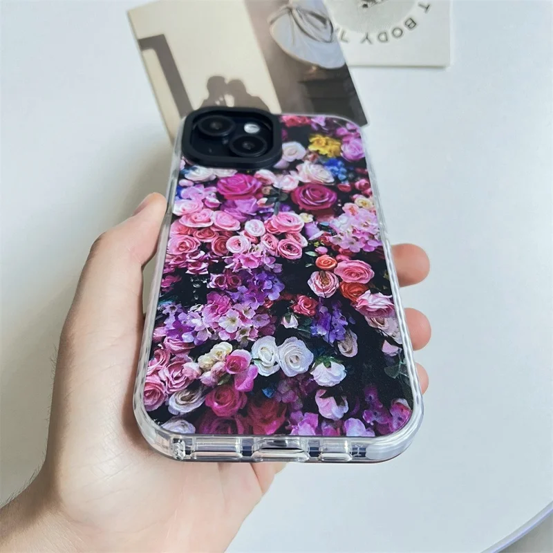 For iPhone 14 Cell Phone Case Colorful Pattern Shockproof Hard Acrylic Cover - Rose Garden
