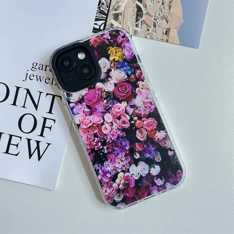 For iPhone 14 Cell Phone Case Colorful Pattern Shockproof Hard Acrylic Cover - Rose Garden