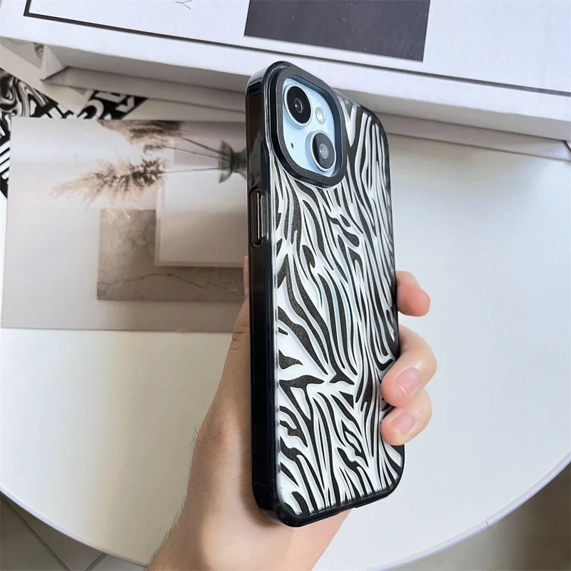 For iPhone 15 Plus Shockproof Acrylic Cover Cell Phone Case with Pattern Design - Zebra Print