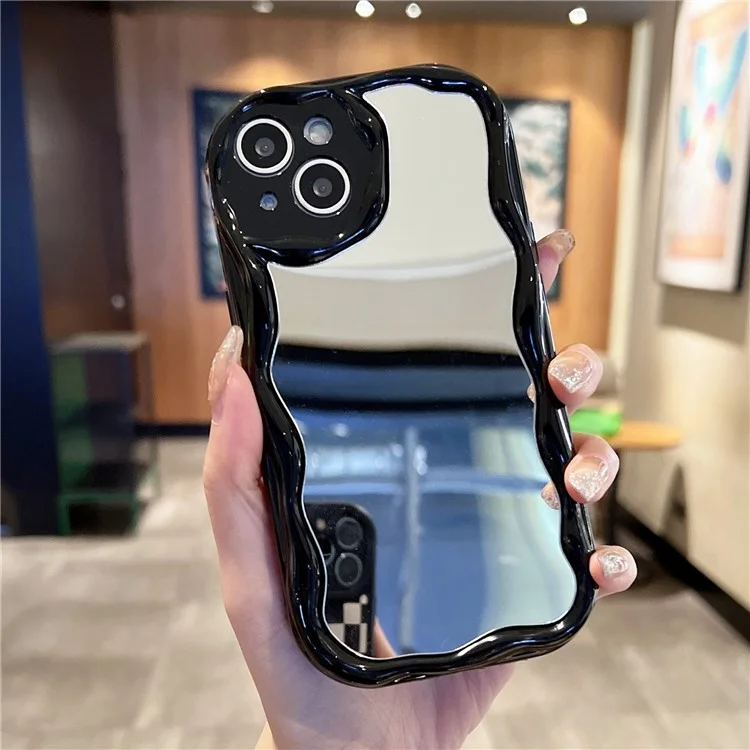For iPhone 15 Plus Case Makeup Mirror Back Soft TPU Phone Cover - Black