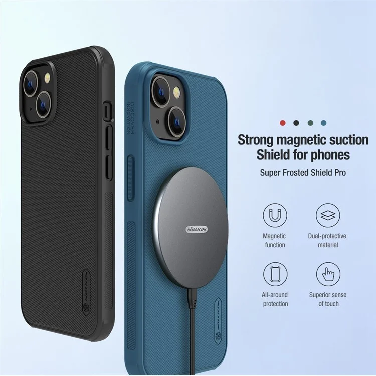NILLKIN Frosted Shield Pro per iPhone 14 / iPhone 13 Hard PC Soft TPU Matte Phone Cover Magnetic Absorption Case - Nero