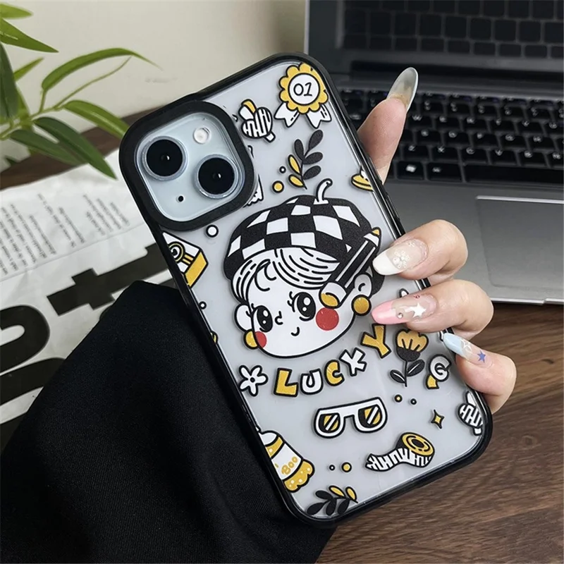 For iPhone 15 Case Lucky Girl Design Acrylic Hard Back Phone Cover