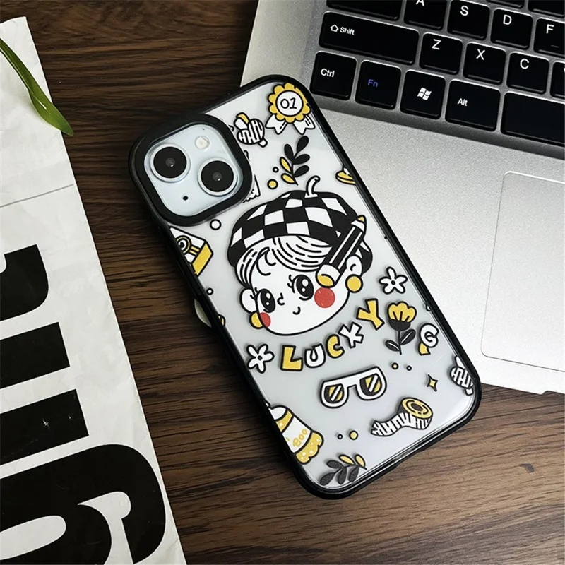For iPhone 15 Case Lucky Girl Design Acrylic Hard Back Phone Cover