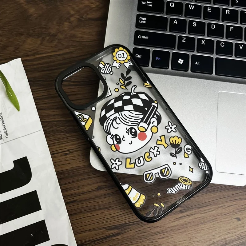 For iPhone 15 Case Lucky Girl Design Acrylic Hard Back Phone Cover