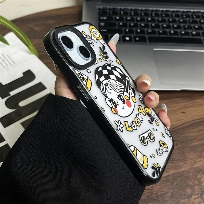 For iPhone 15 Case Lucky Girl Design Acrylic Hard Back Phone Cover
