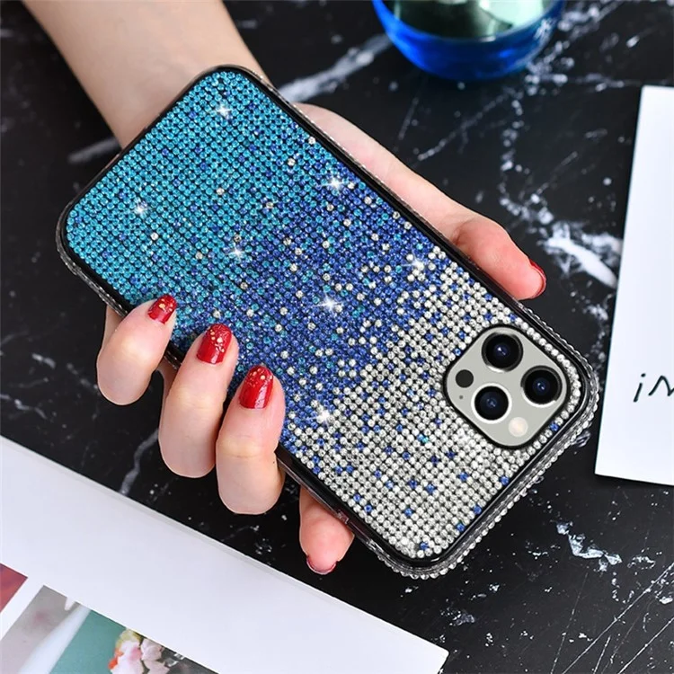 Für iPhone 14 Plus Gradient Glitter Sparkle Bling Case Rhinestone Decor TPU Protective Cover - Gradient Blue