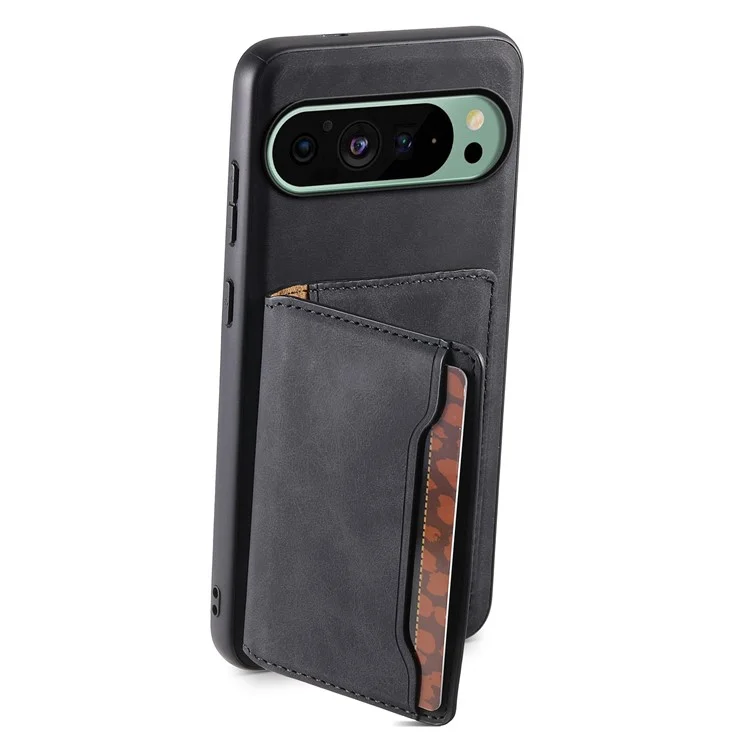 DENIOR D13 For Google Pixel 9 / 9 Pro Case Leather+PC+TPU Phone Cover Detachable Card Bag Kickstand - Black