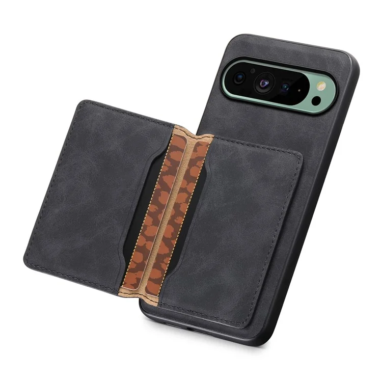 DENIOR D13 For Google Pixel 9 / 9 Pro Case Leather+PC+TPU Phone Cover Detachable Card Bag Kickstand - Black