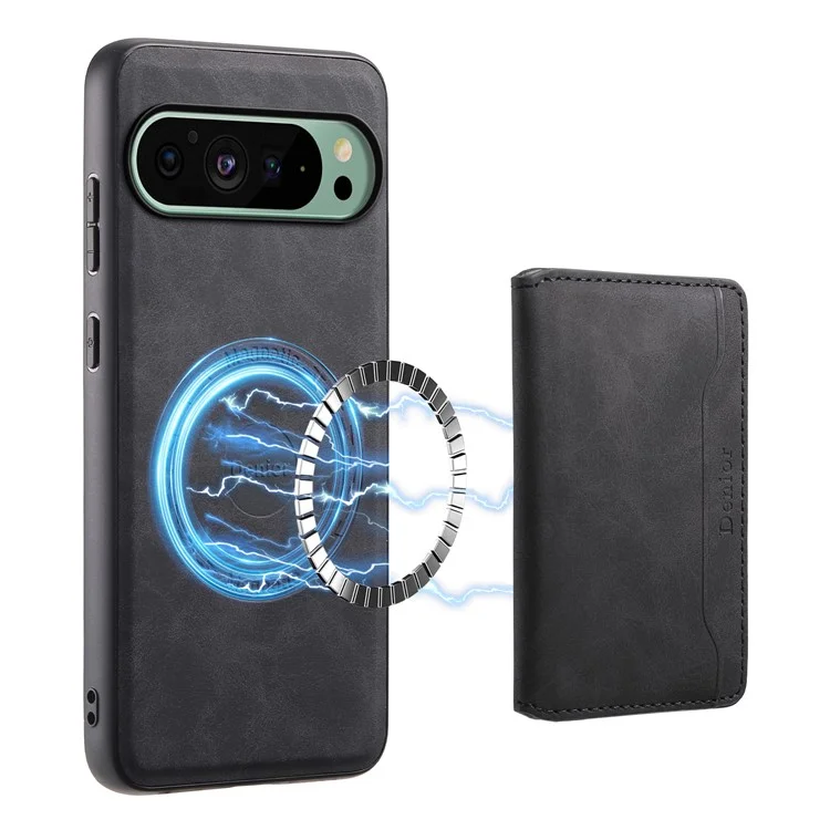 DENIOR D13 For Google Pixel 9 / 9 Pro Case Leather+PC+TPU Phone Cover Detachable Card Bag Kickstand - Black