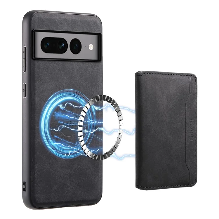 DENIOR D13 For Google Pixel 7 Pro 5G Case Compatible with MagSafe Leather Back Cover Kickstand Card Holder - Black