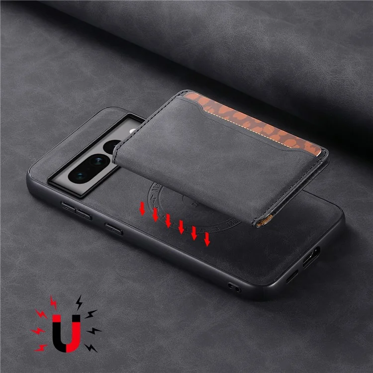 DENIOR D13 For Google Pixel 7 Pro 5G Case Compatible with MagSafe Leather Back Cover Kickstand Card Holder - Black