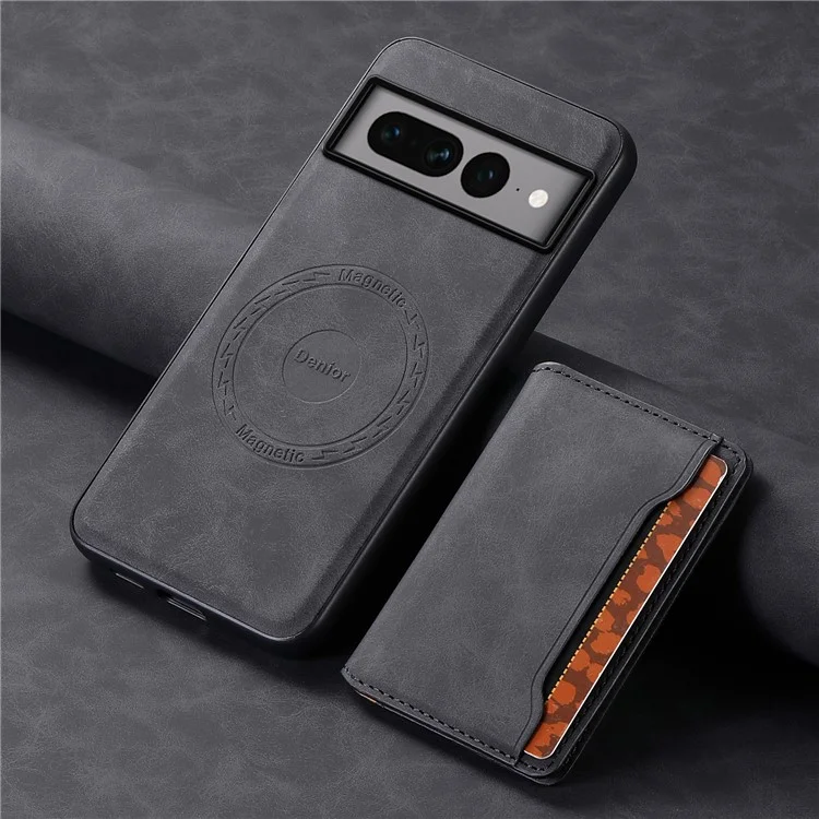 DENIOR D13 For Google Pixel 7 Pro 5G Case Compatible with MagSafe Leather Back Cover Kickstand Card Holder - Black