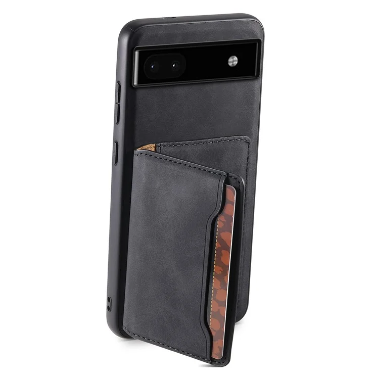 DENIOR D13 For Google Pixel 6a Kickstand Case PU+PC+TPU Phone Cover Detachable Card Bag - Black