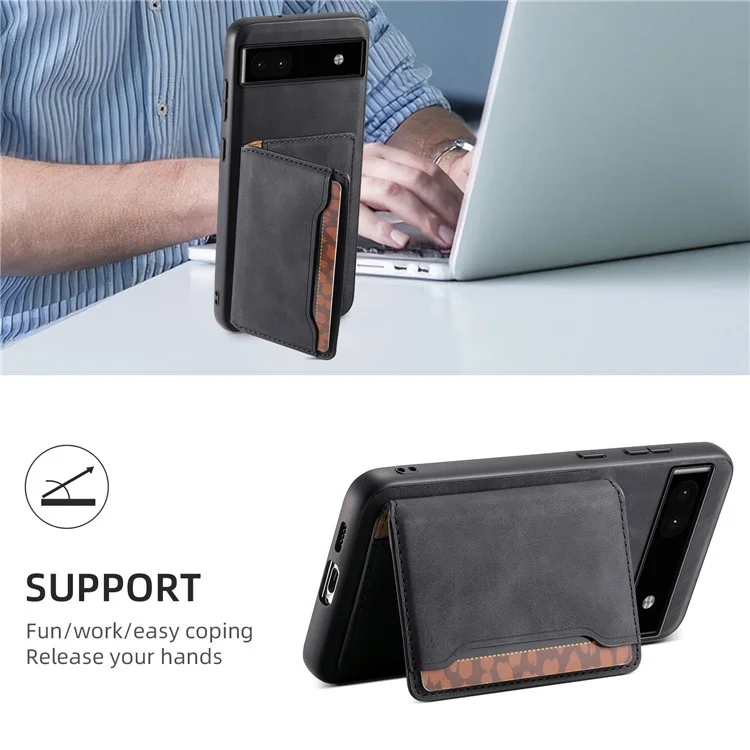 DENIOR D13 For Google Pixel 6a Kickstand Case PU+PC+TPU Phone Cover Detachable Card Bag - Black