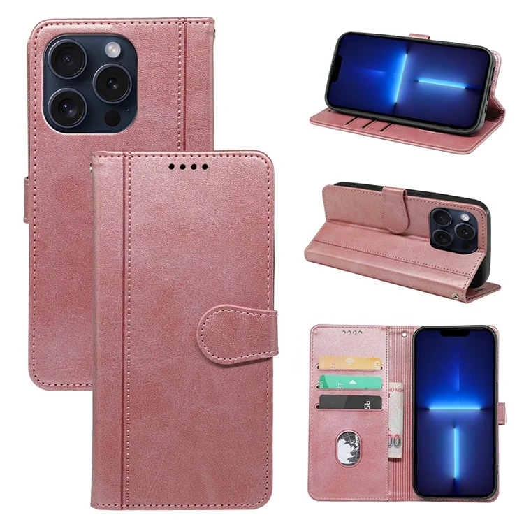 Für iPhone 13 Pro Case PU-Leder Kalbsnarbenstruktur Handyhülle mit Karten- / Bargeld-Slots - Roségold
