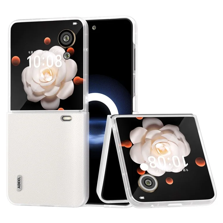 ABEEL For Honor Magic V Flip 5G Case Matte Grip Genuine Cow Leather+PC Phone Cover - White