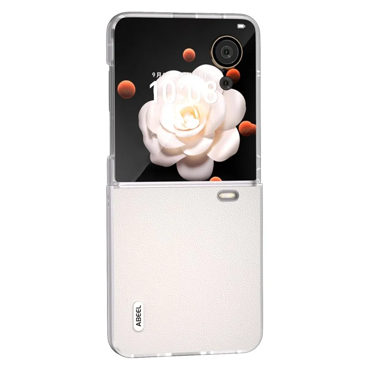 ABEEL For Honor Magic V Flip 5G Case Matte Grip Genuine Cow Leather+PC Phone Cover - White
