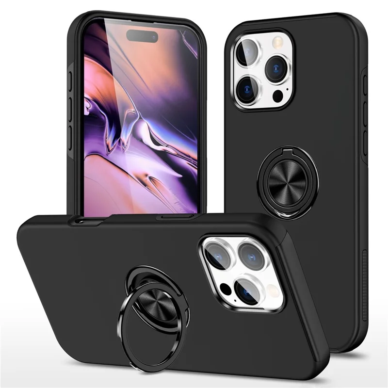 For iPhone 16 Pro Max Case with Ring Holder PC+TPU Anti-Scratch Phone Cover - Black