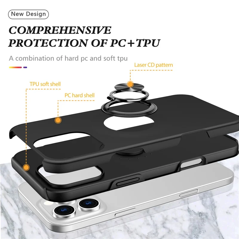For iPhone 16 Pro Max Case with Ring Holder PC+TPU Anti-Scratch Phone Cover - Black
